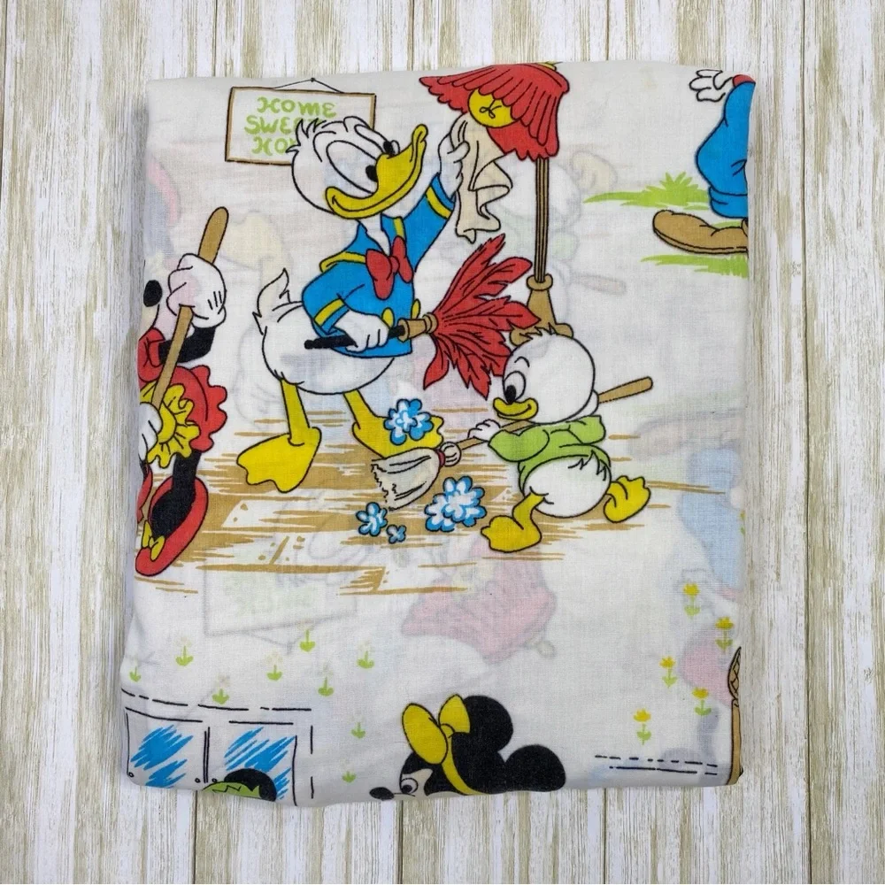 Vintage Walt Disney Productions 1960s Mickey and Friends Doing Chores Flat Sheet